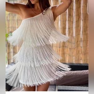 Womens off the shoulder Sequin Fringe Dress.